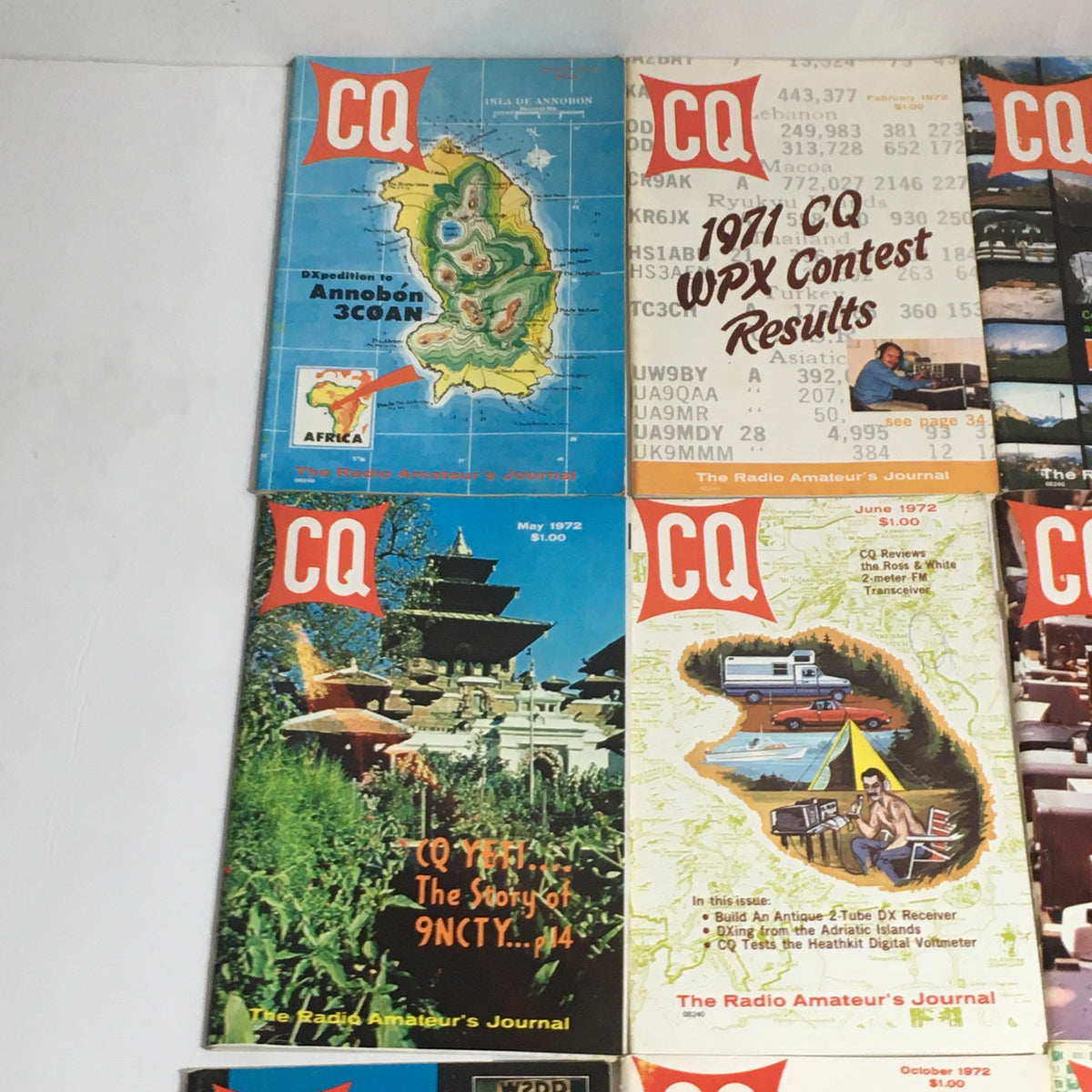 Lot of 12 Complete January to December 1972 CQ The Radio Amateur's Journal - Cover images showcase vibrant designs and themes from various issues including expedition highlights and contest results.