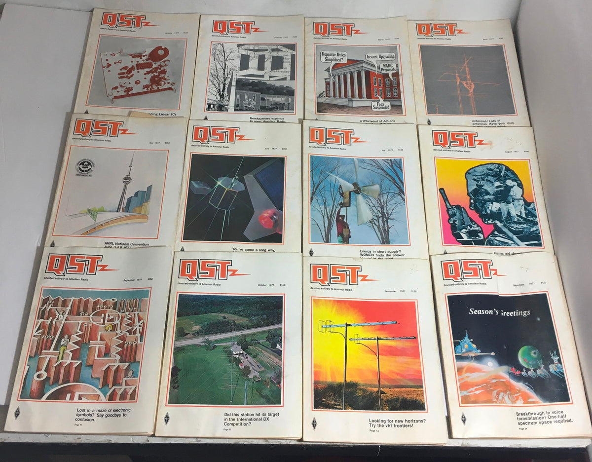 Lot of 12 Complete January to December 1977 QST Amateur Radio magazines, featuring a collection of vibrant covers with various themes and illustrations.