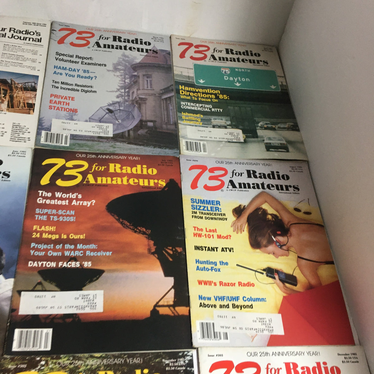 Lot of 12 Complete 73 Amateur Radio Magazines January to December 1985 displaying key topics such as the latest amateur radio trends, events, and notable contributions from prominent figures.