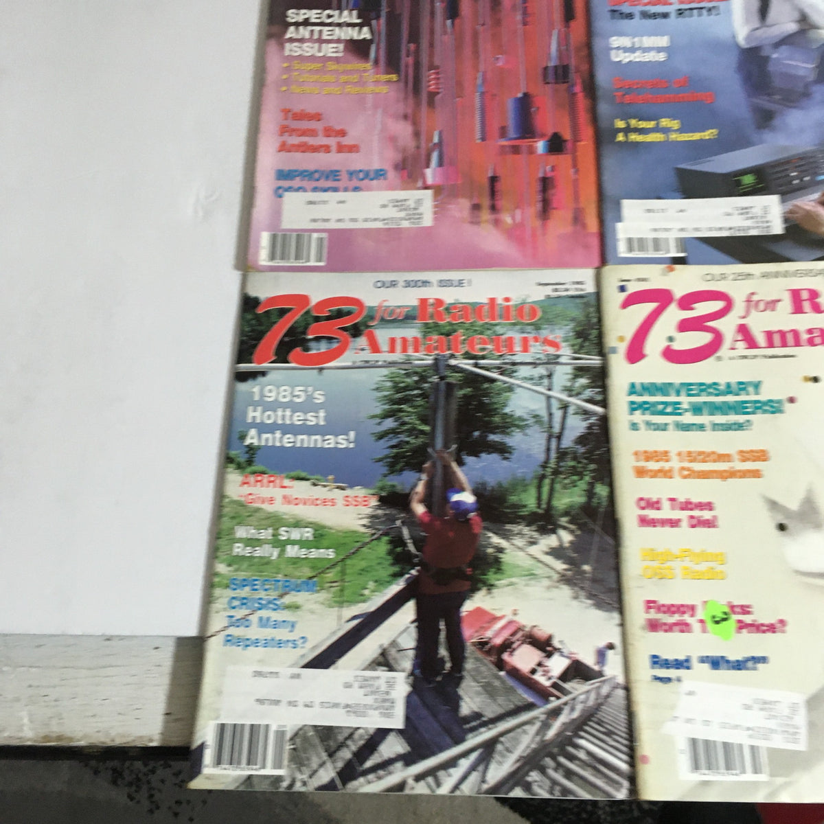 Lot of 12 Complete 73 Amateur Radio Magazines January to December 1985 presenting articles on antennas, equipment maintenance, and updates in amateur radio communication.