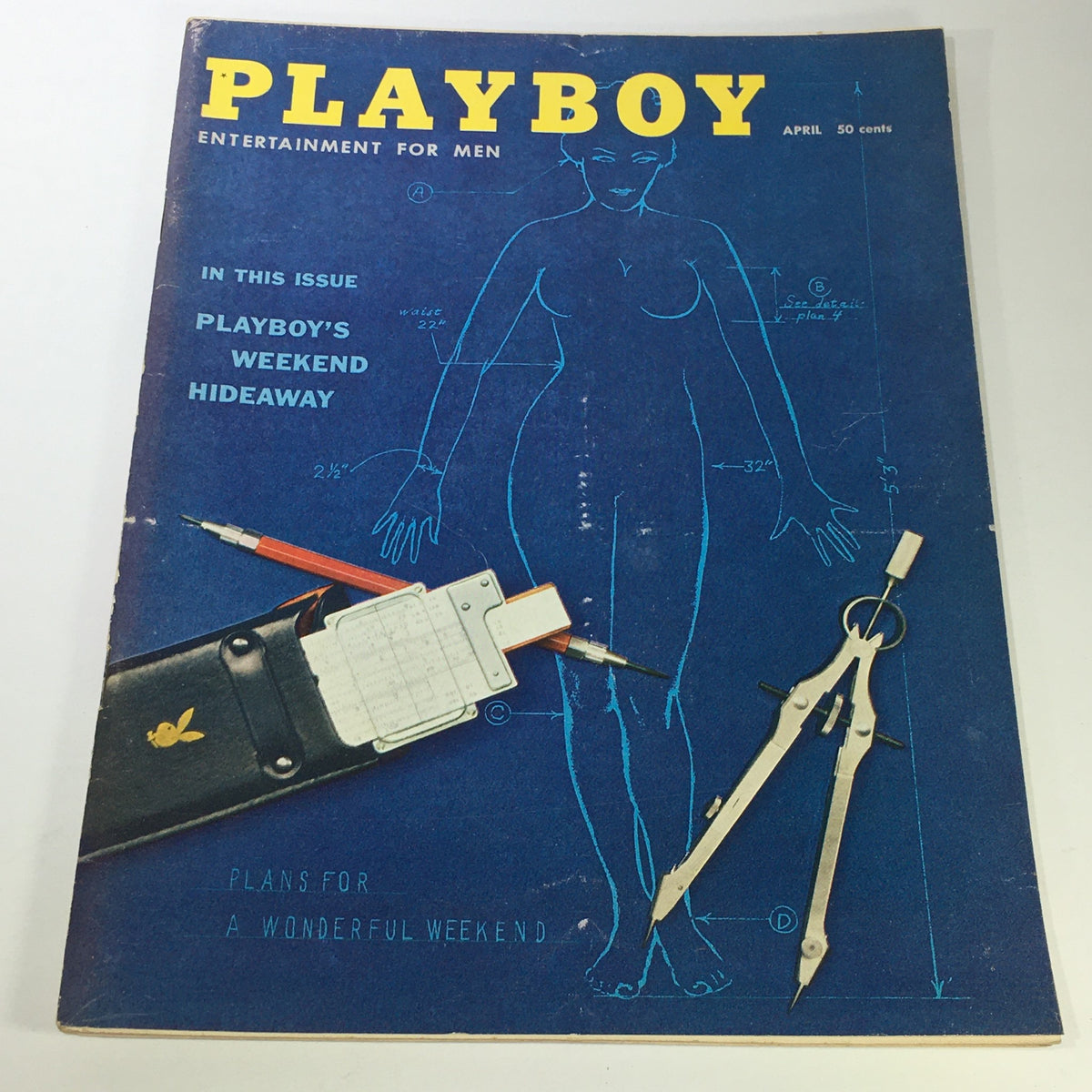 VTG Playboy Magazine: April 1959 cover featuring the theme "Playboy's Weekend Hideaway" with a blue background, illustrations of a female figure and drafting tools, adding to its vintage collectible appeal.