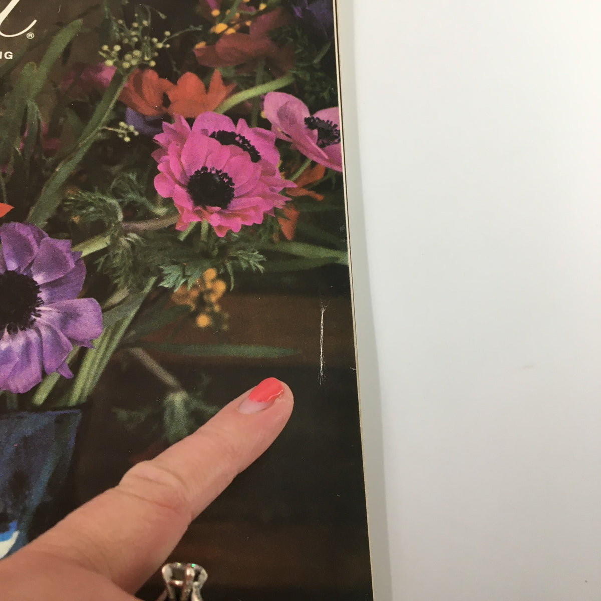 Detail view of VTG Gourmet Magazine February 1984 cover, highlighting a minor wear area while showcasing vibrant flowers.