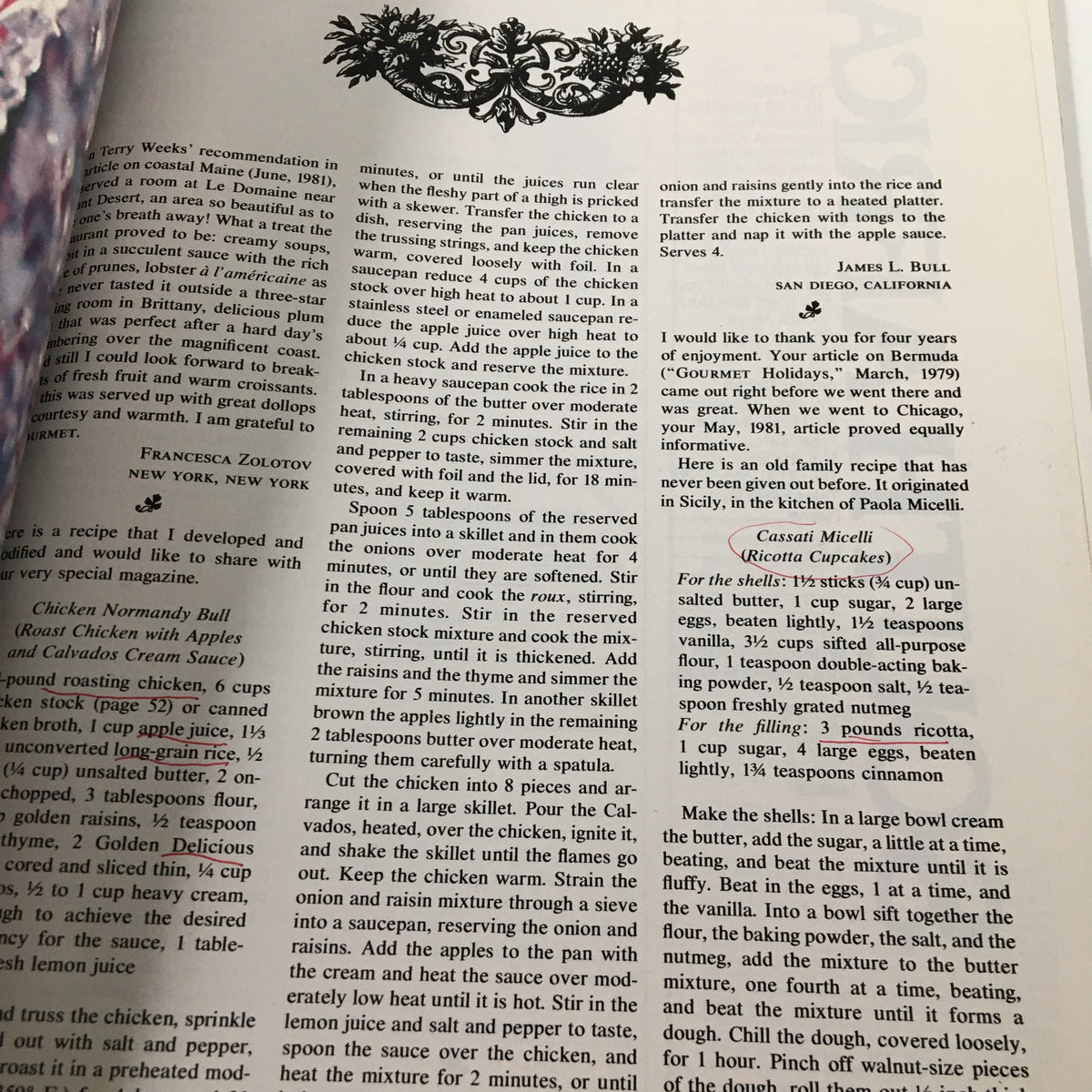Page from Vintage Gourmet Magazine February 1983 showcasing a recipe for Chicken Normandy Bull, part of the Sunny Flavors of Spain feature.