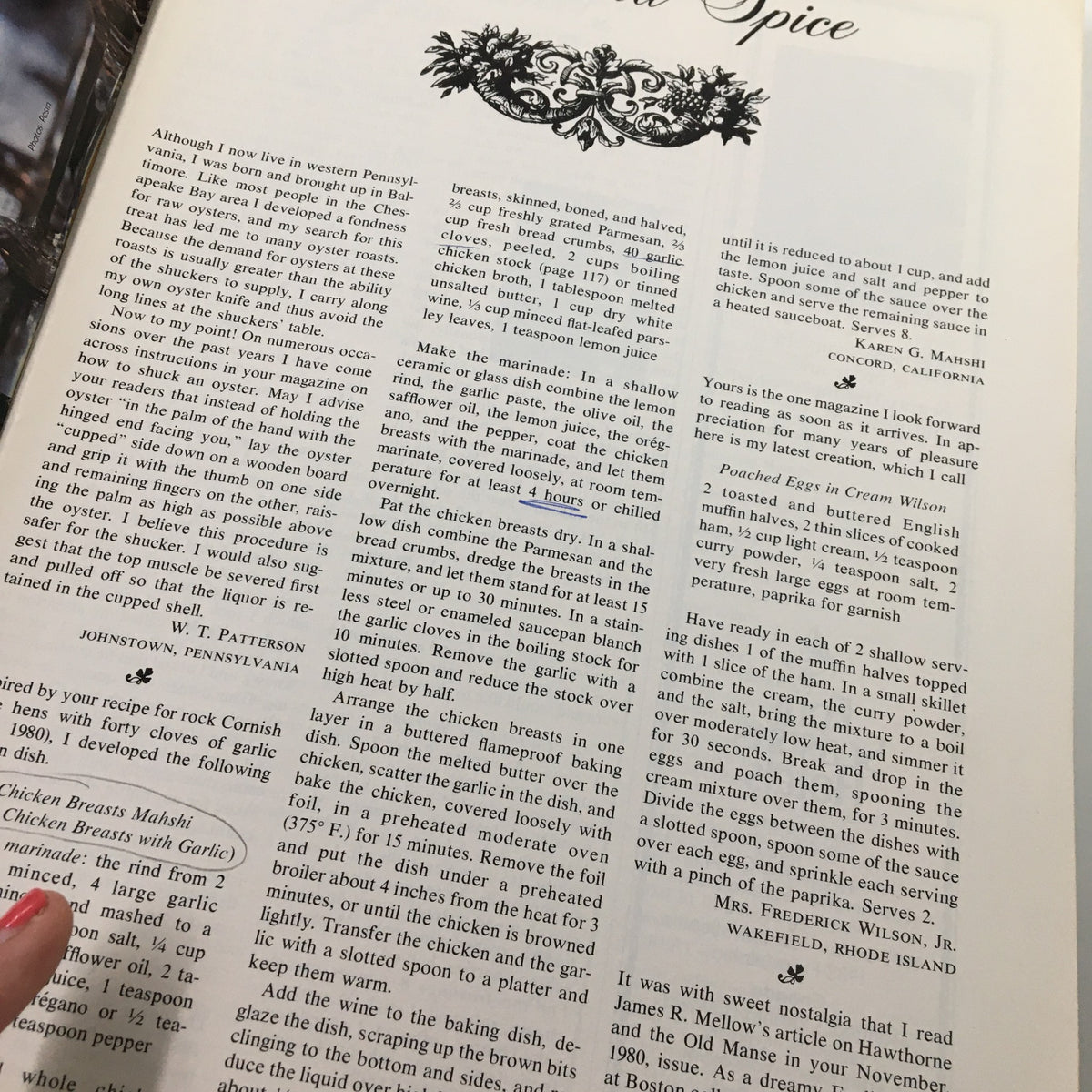 Interior page of VTG Gourmet Magazine March 1982 showcasing a chicken breast recipe with garlic, featuring historical culinary insight and personal anecdotes.
