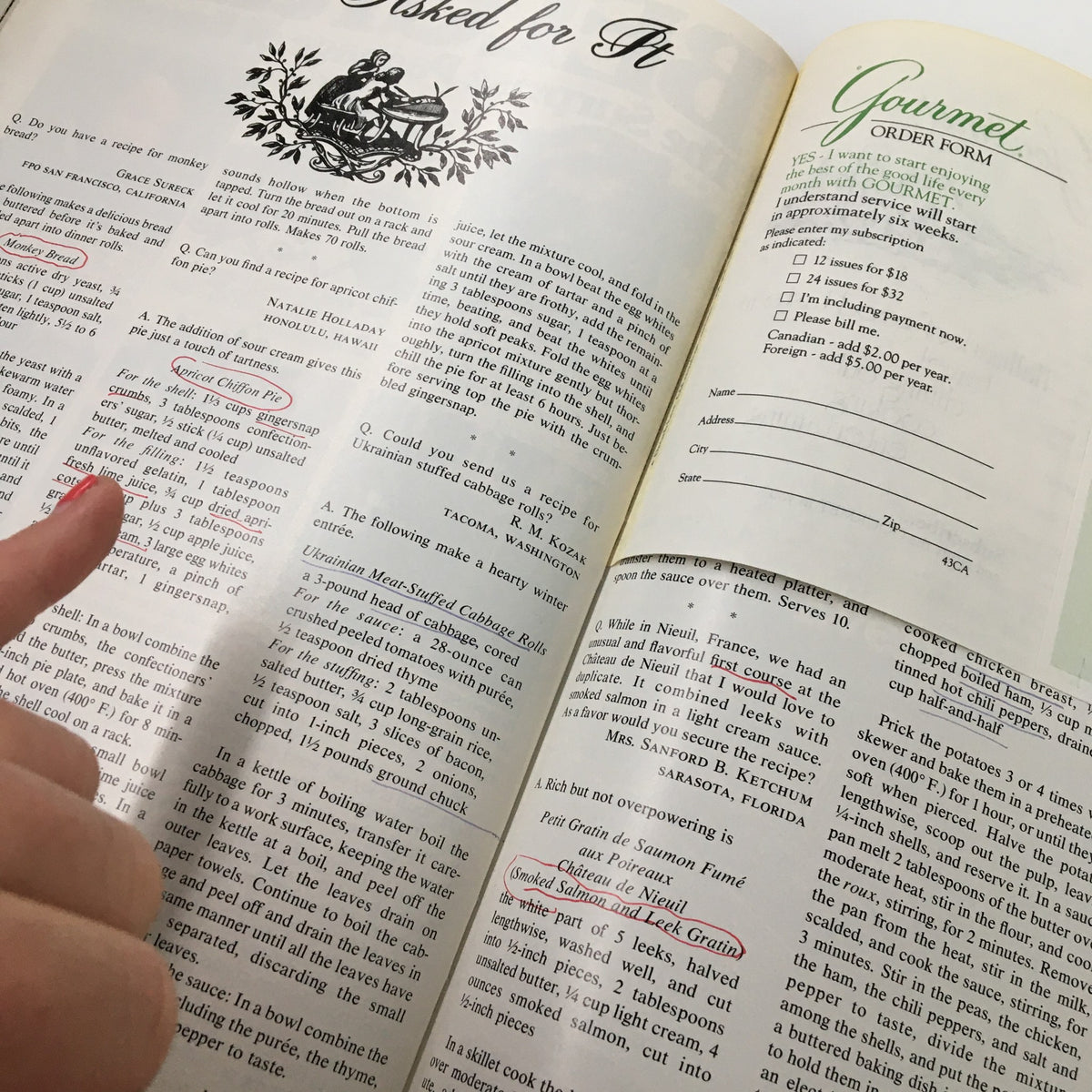Page from VTG Gourmet Magazine March 1983 showcasing a recipe request section titled 'Asked for It', highlighting personal notes and recipe inquiries.