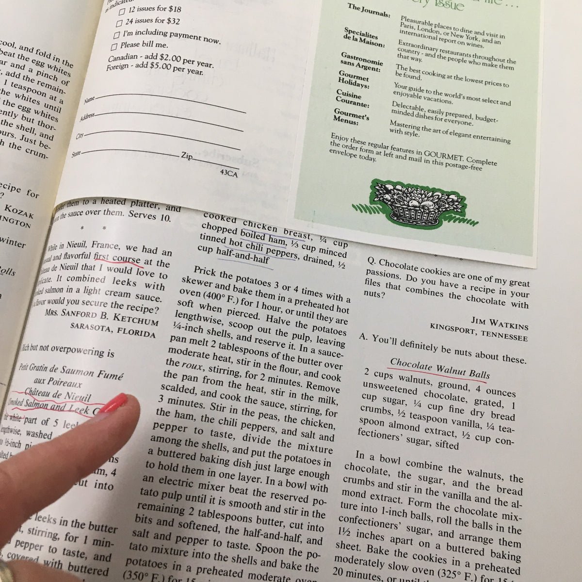 Another page from VTG Gourmet Magazine March 1983 displaying recipe inquiries and subscription order form, reflecting the magazine's engagement with its readers.