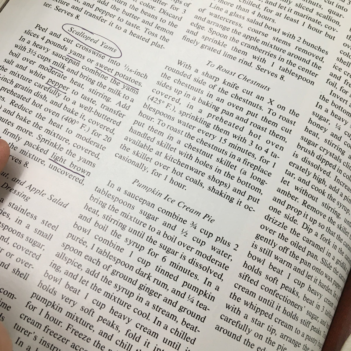 Page from VTG Gourmet Magazine, November 1981, featuring recipes for Scalloped Yams and Pumpkin Ice Cream Pie, showcasing culinary traditions and flavors from the past.