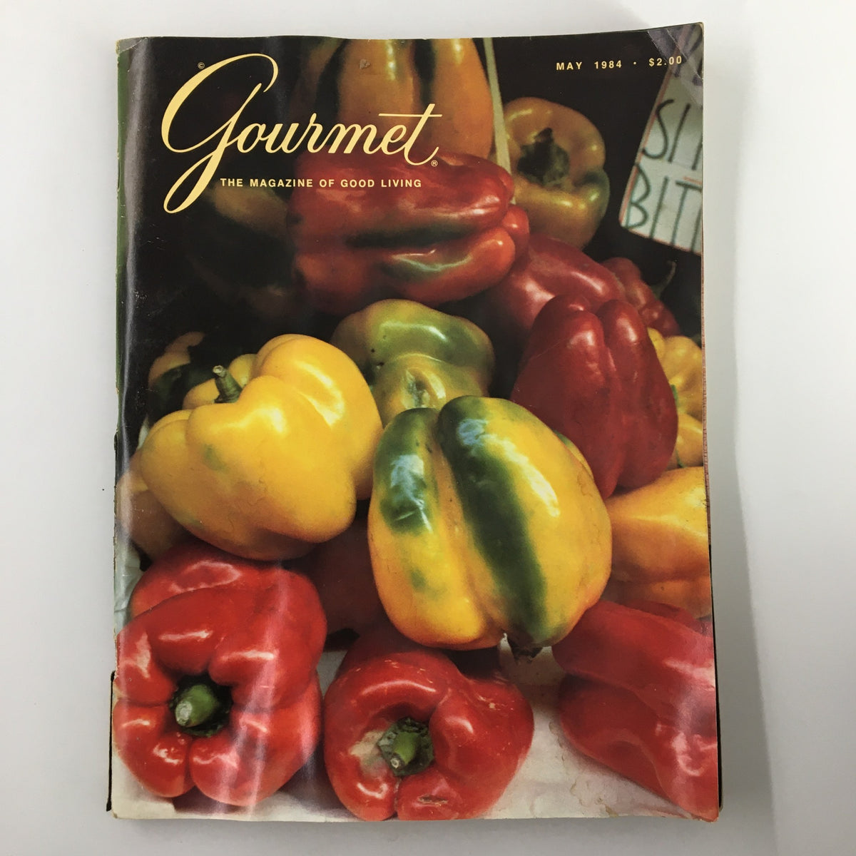 Cover of VTG Gourmet Magazine May 1984 featuring colorful shiny bell peppers in Venice Marketplace.