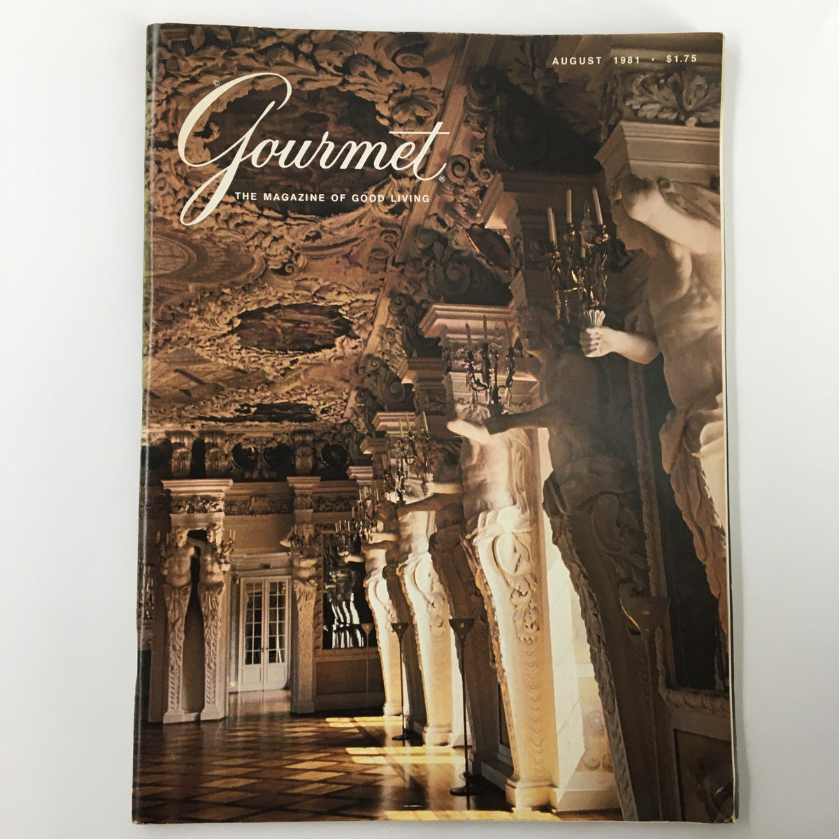 Cover of the VTG Gourmet Magazine August 1981 issue featuring Prince Albert's Ehrenburg Castle, showcasing opulent interior design and classic chandeliers.