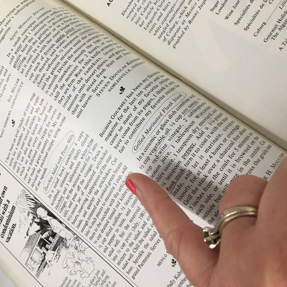 Inside page of the VTG Gourmet Magazine August 1981 depicting a recipe with a hand pointing to text, showcasing culinary traditions and innovative recipes from the magazine.