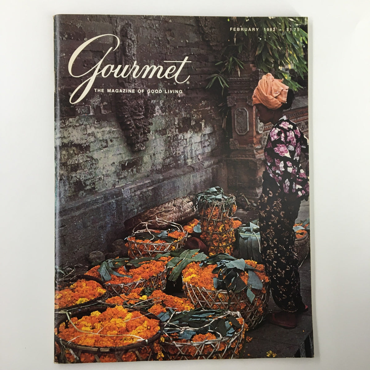 Cover of VTG Gourmet Magazine February 1982 featuring The Flower Market at Klungklung, with vibrant flower arrangements and a local vendor.