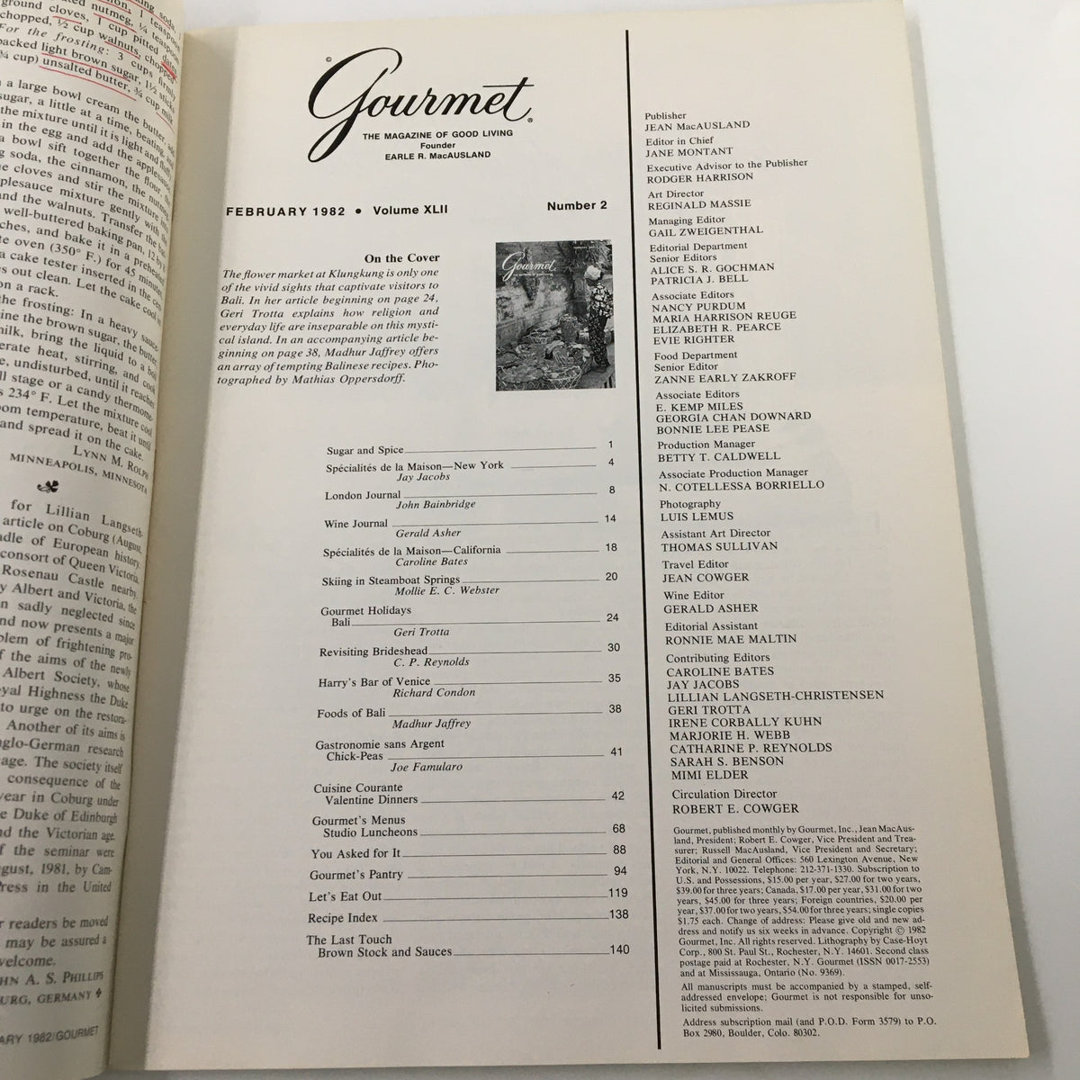 Editorial page of VTG Gourmet Magazine February 1982 showcasing the table of contents, highlighting the theme of The Flower Market at Klungklung.