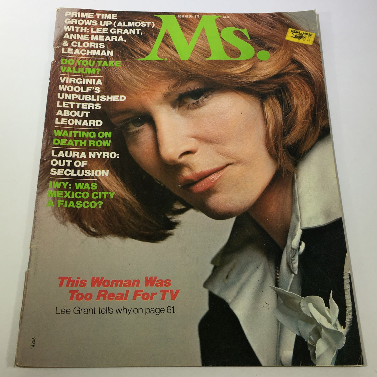 Cover of VTG MS. Magazine from November 1975 featuring Lee Grant, emphasizing the theme 'This Woman Was Too Real For TV' with vibrant green typography.