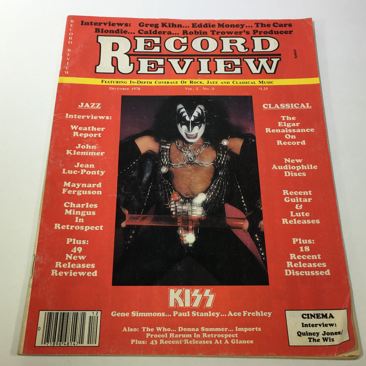 Cover of the Vintage Record Review Magazine: December 1978 featuring Kiss' Gene Simmons and Paul Stanley with vibrant red background and lists of interviews and music highlights.