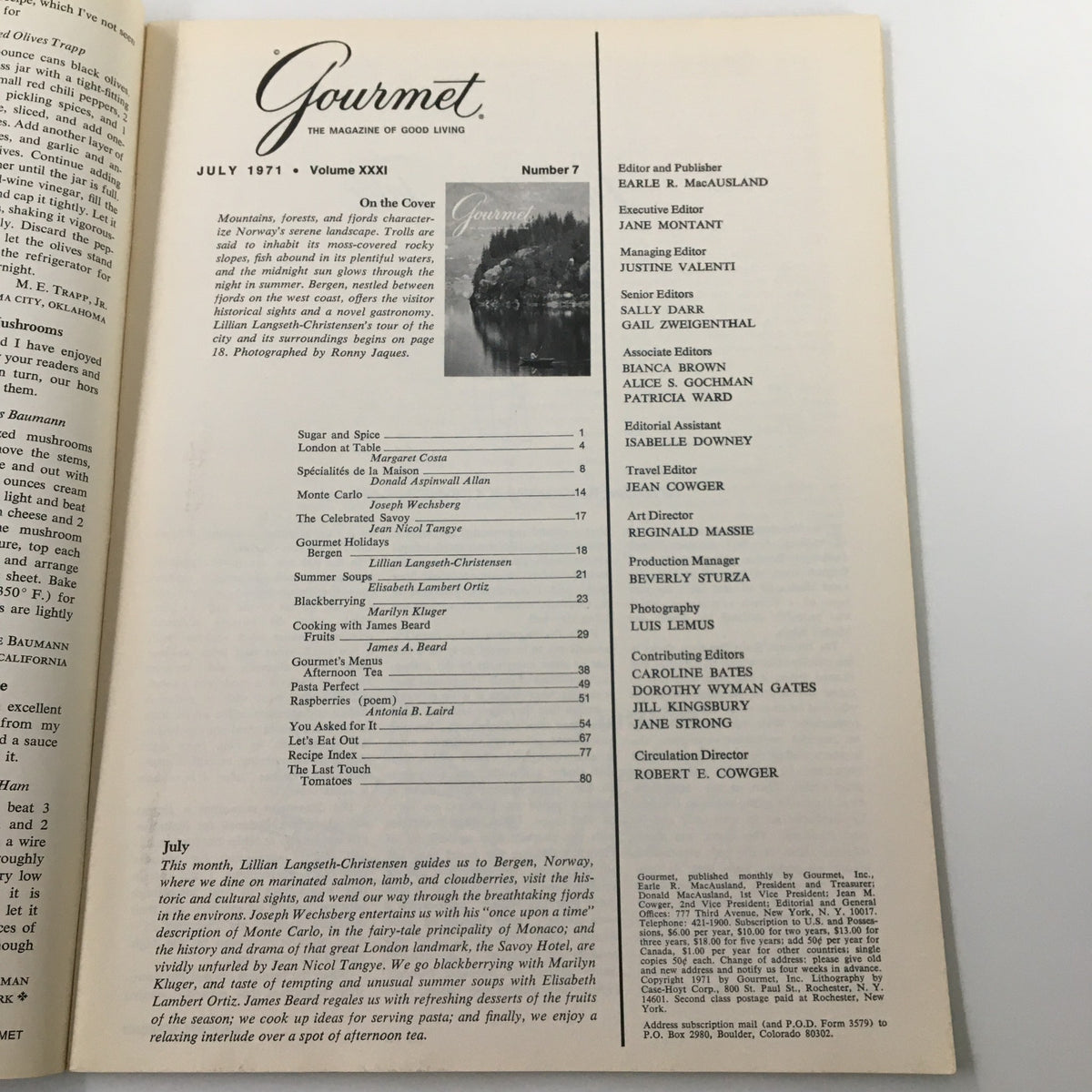 Table of contents page from VTG Gourmet Magazine July 1971, highlighting various articles and features inside, with details on the magazine's editorial staff and a nod to the cover photograph.