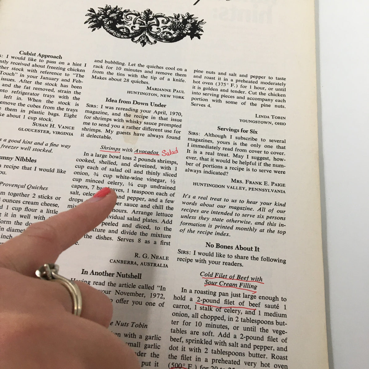Interior page of Gourmet Magazine July 1973 showcasing a recipe for Shrimps with Avocado Salad and reader correspondence.