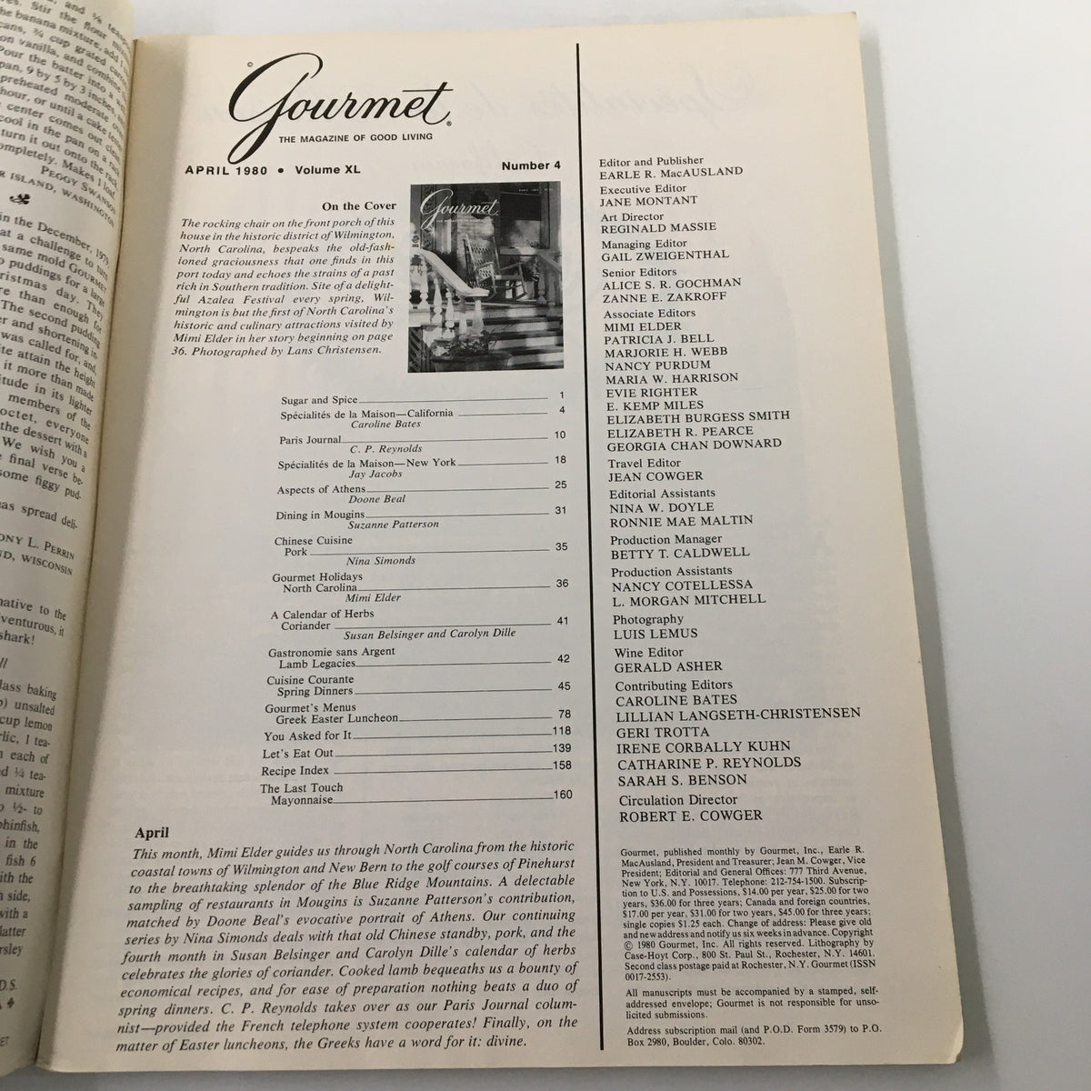 Interior page of VTG Gourmet Magazine April 1980 displaying the table of contents, highlighting articles and recipes focused on culinary delights.