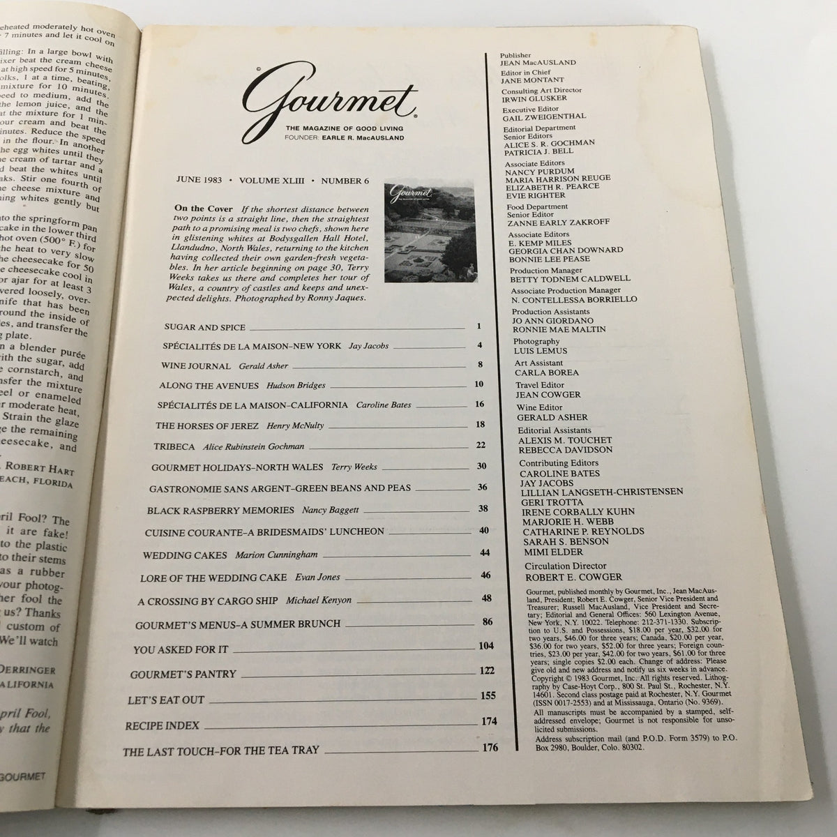 Inside page of VTG Gourmet Magazine June 1983 displaying the table of contents, highlighting the culinary articles and themes that reflect the gourmet dining culture of the early 1980s.