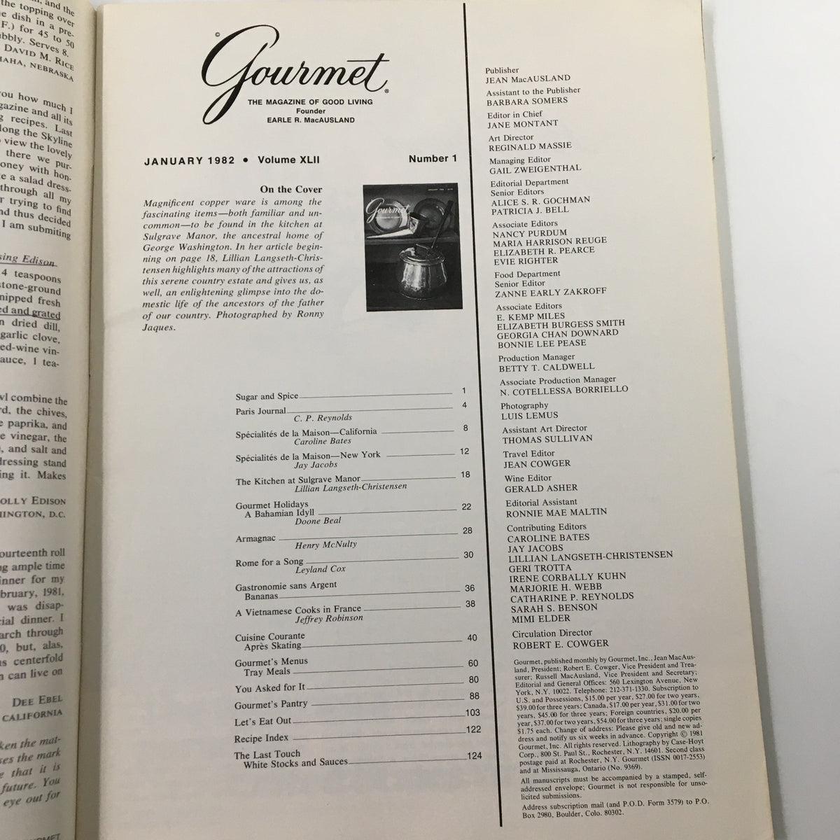 Inside page of VTG Gourmet Magazine January 1982 displaying the table of contents, highlighting articles and features on cooking and culinary arts.