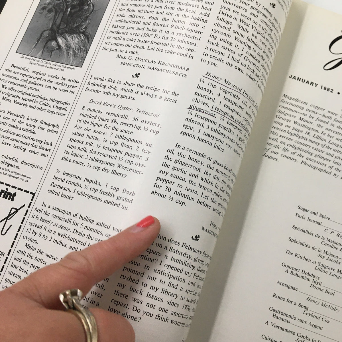 Close-up view of a recipe page from VTG Gourmet Magazine January 1982, showcasing a recipe with a hand pointing at the ingredients.