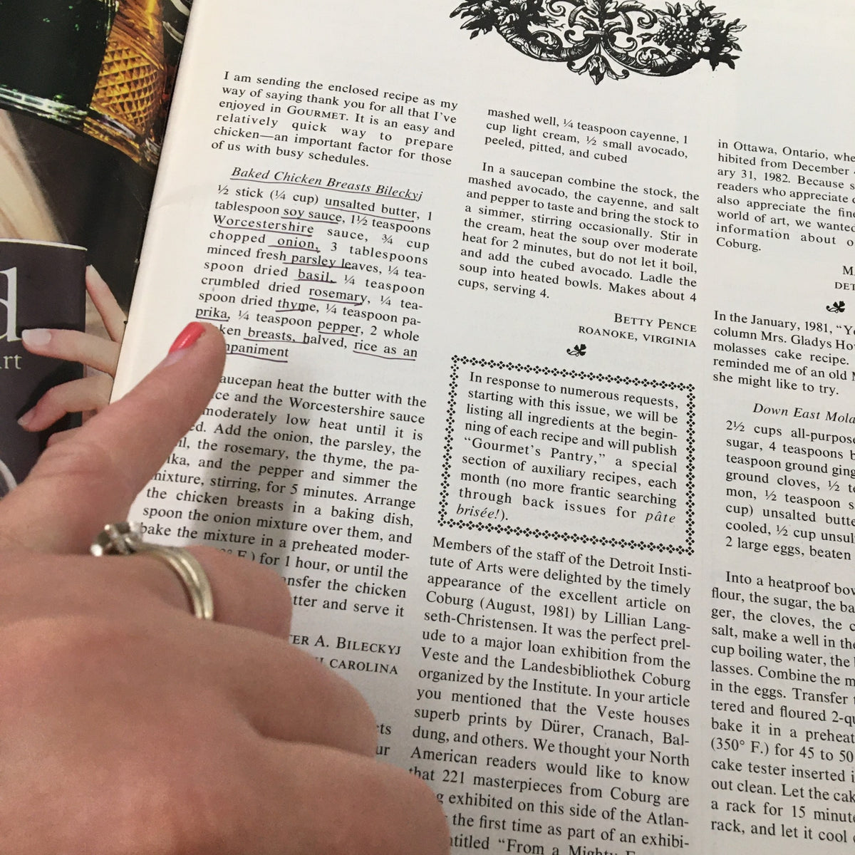 Another recipe page from VTG Gourmet Magazine January 1982, highlighting a baked chicken dish with a hand pointing to the cooking instructions.
