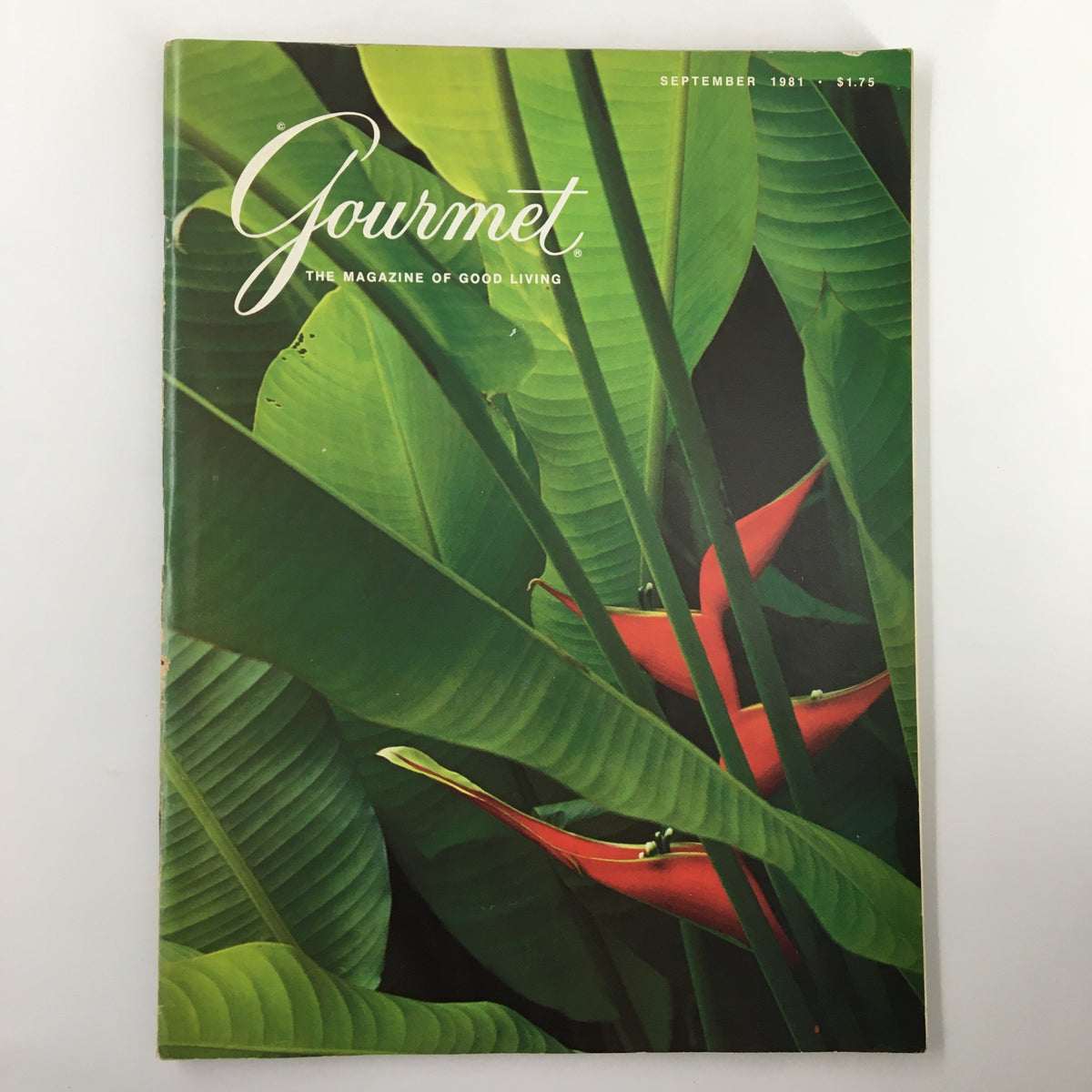 Cover of VTG Gourmet Magazine September 1981 featuring tropical leaves and red flowers, highlighting the theme of gourmet dining and lifestyle.