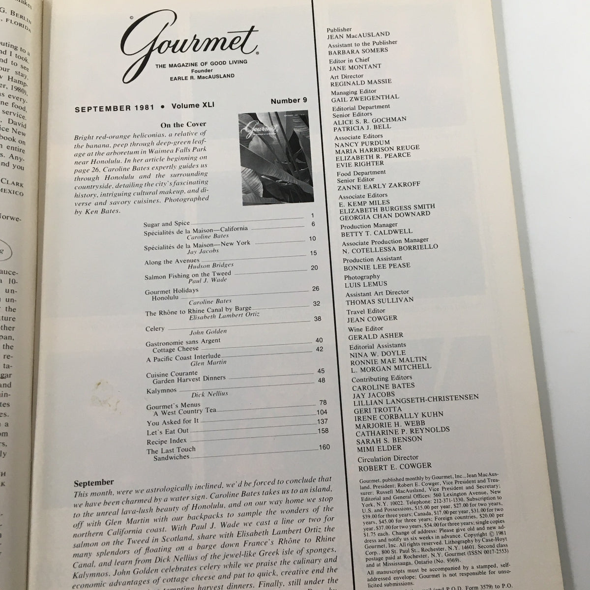 Table of contents page from VTG Gourmet Magazine September 1981, listing featured articles including Salmon Fishing on the Tweed.