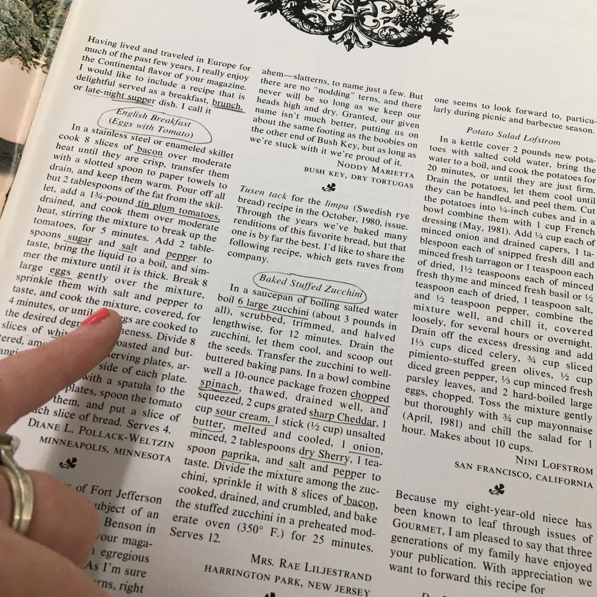 Interior page from the VTG Gourmet Magazine September 1981 showcasing a recipe for English Breakfast and Baked Stuffed Zucchini, highlighting culinary instructions and ingredients.