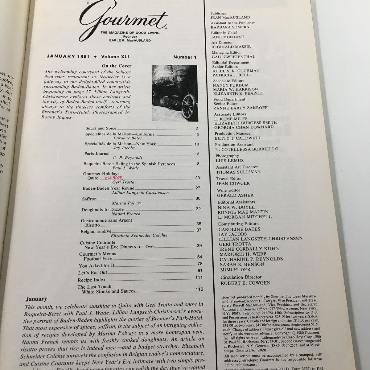 Inside page of VTG Gourmet Magazine January 1981 displaying the table of contents including articles on gastronomy and culture.