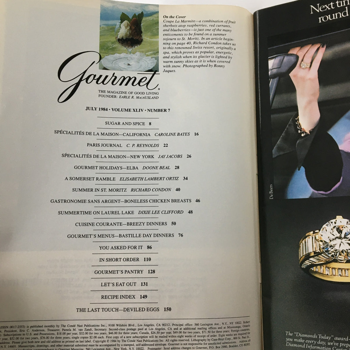 Interior page of Gourmet Magazine July 1984, featuring the table of contents that highlights culinary articles and recipes, reflecting the magazine's vintage charm.