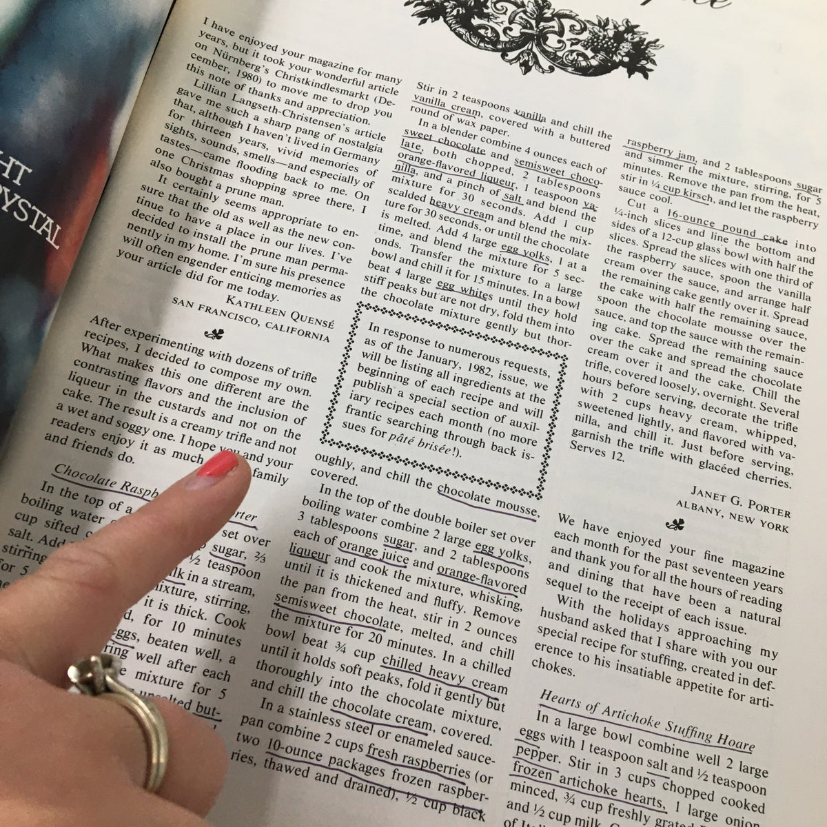 Another interior page of VTG Gourmet Magazine December 1981 displaying a recipe with detailed instructions and personal notes, reflecting 1980s food culture.