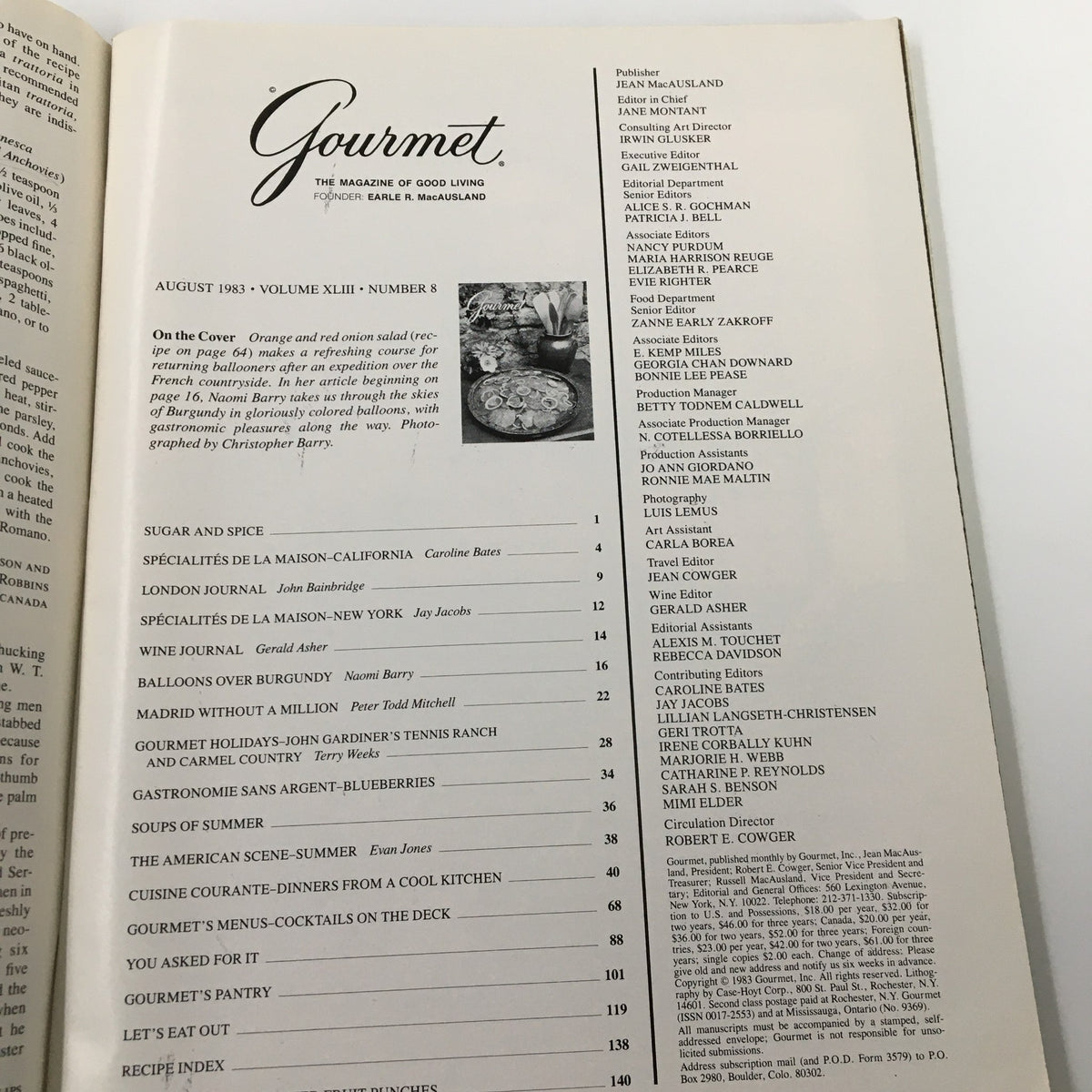 Inside page from the August 1983 Gourmet Magazine displaying the table of contents and references to the Orange and Red Onion Salad recipe.