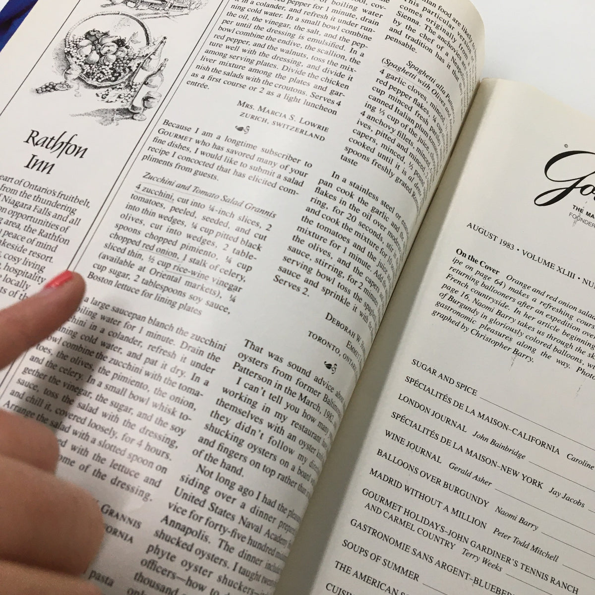 Close-up of an article page from the August 1983 Gourmet Magazine showcasing reader correspondence alongside culinary tips.
