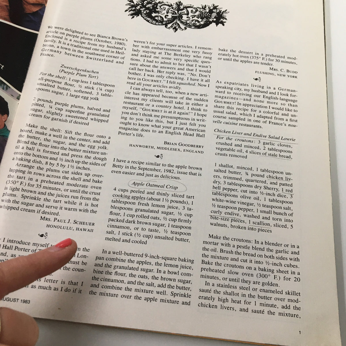 Page from the August 1983 Gourmet Magazine featuring an apple oatmeal crisp recipe, demonstrating vintage cooking style.
