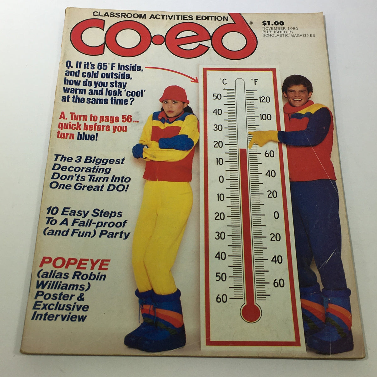 Cover of VTG Co-Ed Magazine: November 1980 featuring a thermometer graphic and two individuals in colorful winter attire, promoting a Popeye alias Robin Williams poster exclusive.