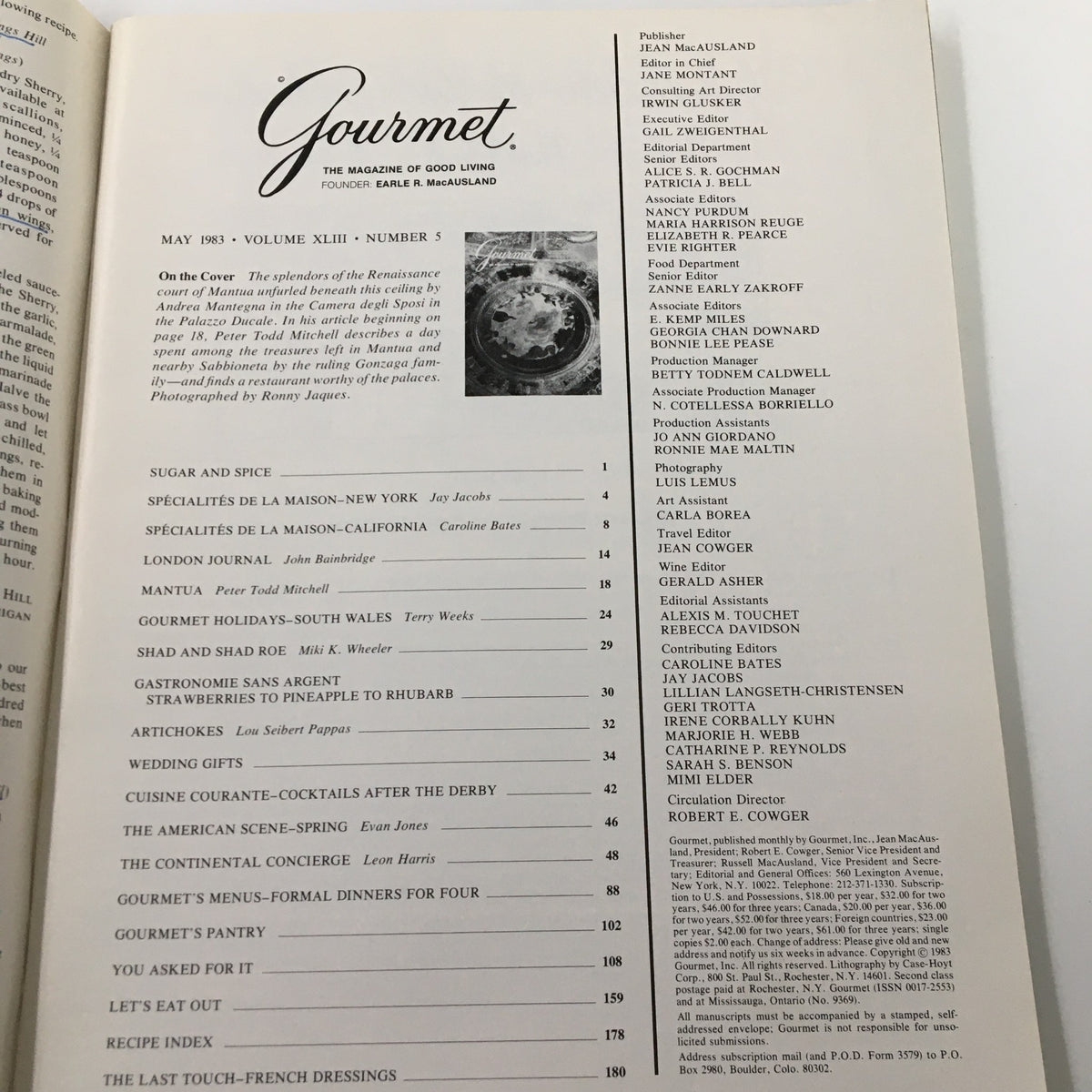 Contents page of VTG Gourmet Magazine May 1983, highlighting articles and recipes, emphasizing its culinary offerings.