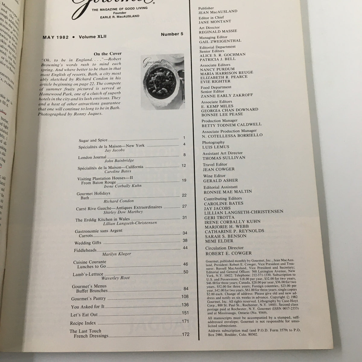 Interior page of VTG Gourmet Magazine May 1982 displaying the contents, including articles and recipes, complementing the vintage culinary theme.
