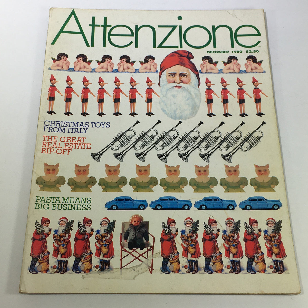 Cover of VTG Attenzione Magazine from December 1980 featuring Christmas toys from Italy, with illustrations of traditional holiday figures, musical instruments, and festive decorations.