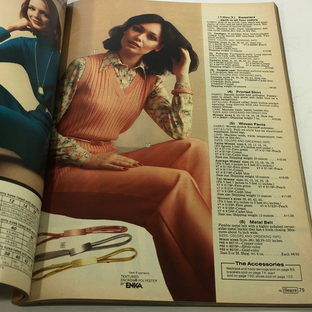 Interior page from the VTG Sears Catalog: Fall Winter 1976, showcasing a model wearing 1970s fashion styles with detailed descriptions of sweaters and accessories.