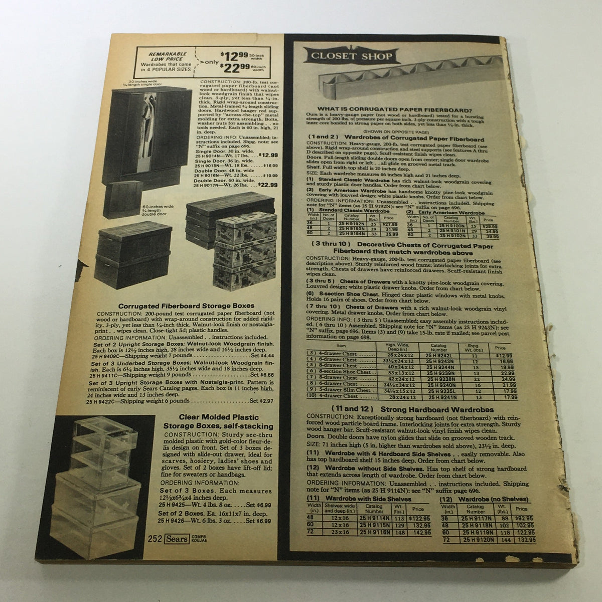 Page from the VTG Sears Catalog: Fall Winter 1976 featuring storage solutions including corrugated fiberboard storage boxes and clear molded plastic storage boxes with detailed descriptions and prices.