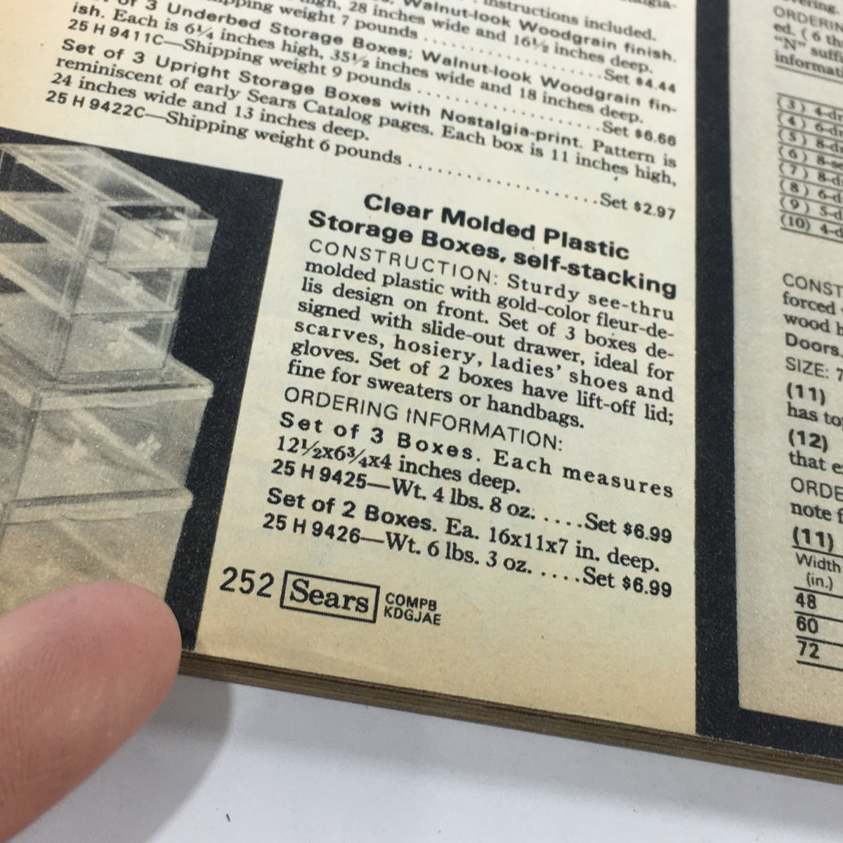 Close-up of the catalog page from VTG Sears Catalog: Fall Winter 1976 showing clear molded plastic storage boxes with ordering information and features highlighted.
