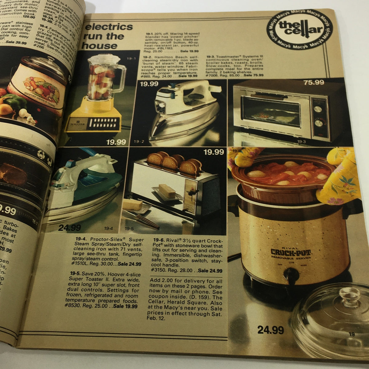 Interior page of VTG Macy's The Cellar Catalog: February 1977 showcasing various kitchen appliances and their prices, reflecting 1970s technology.