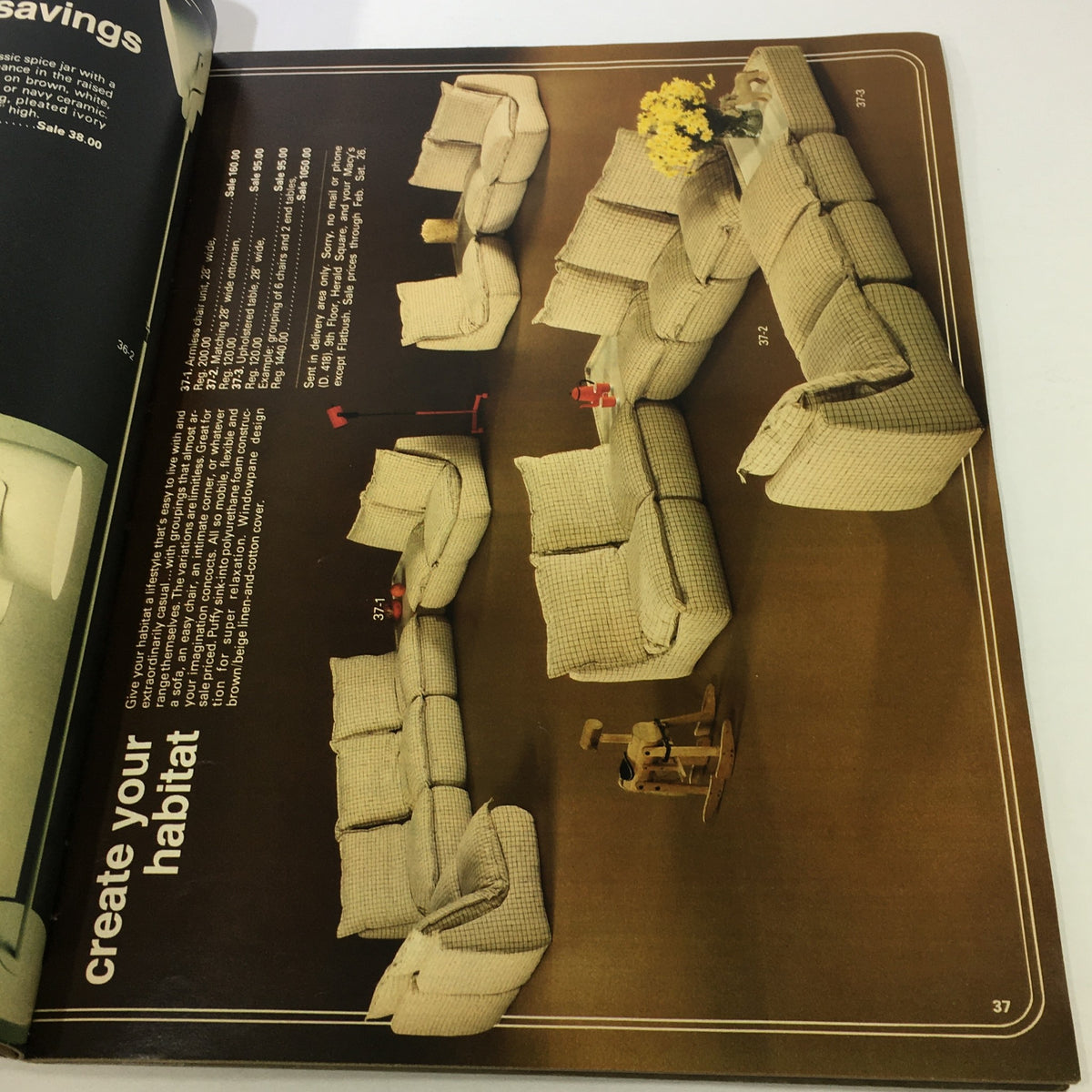 Furniture showcase in the VTG Macy's The Cellar Catalog: February 1977, displaying a modern living room layout with sofa options and pricing.