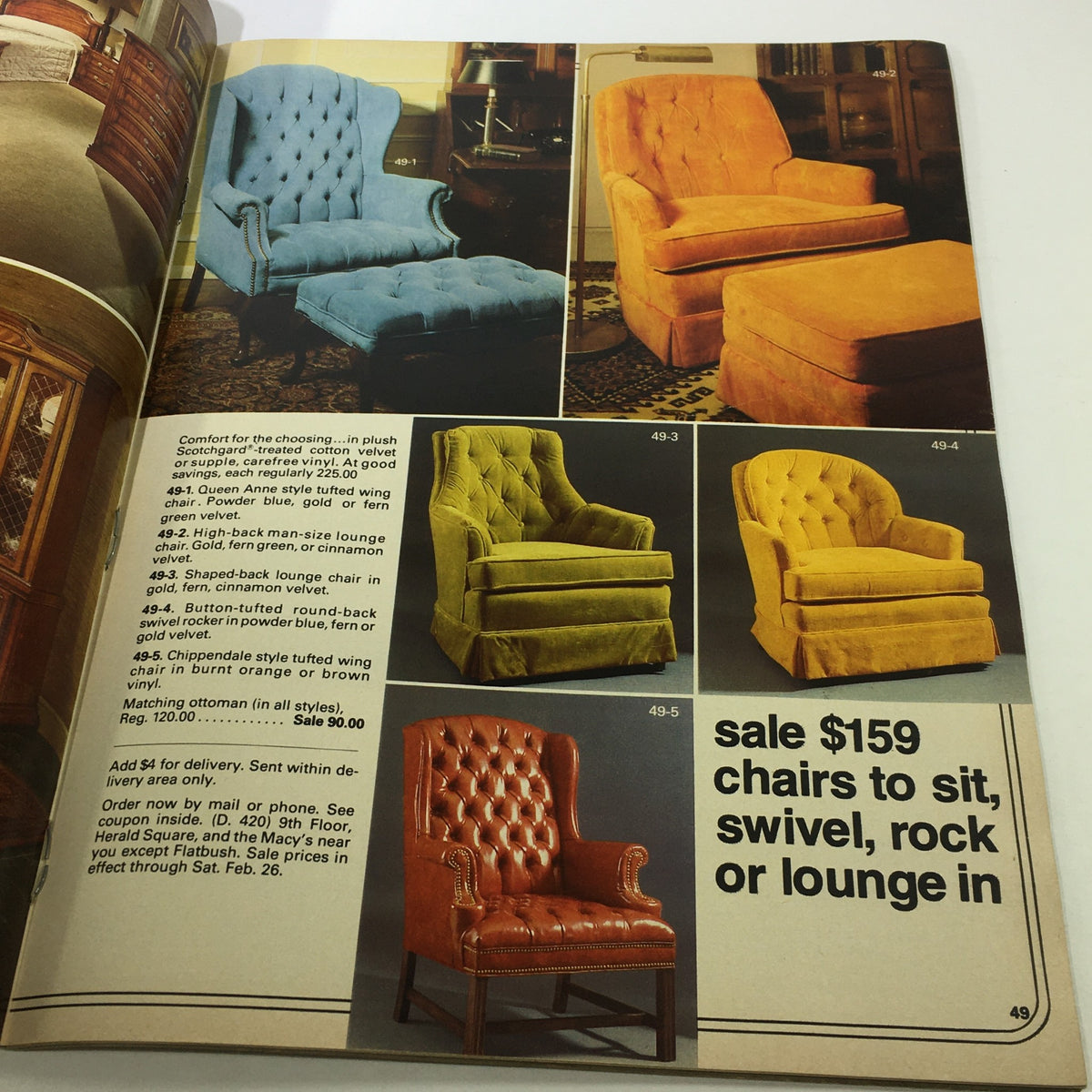 Page from VTG Macy's The Cellar Catalog: February 1977 featuring various lounge chairs, including styles and sale prices from the 1970s.