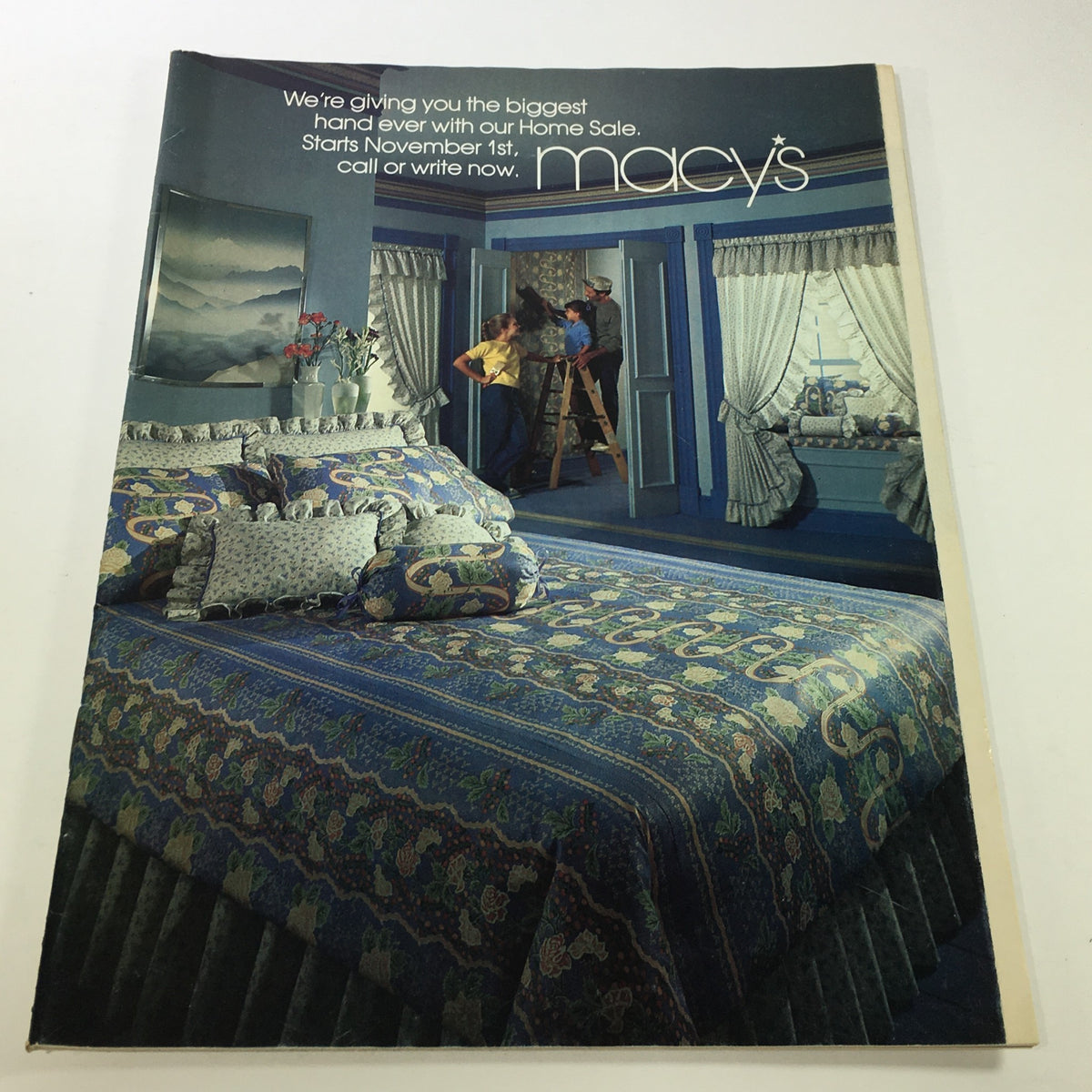 Cover image of VTG Macy's Catalog: November 1981 - Bedroom Price List Guide featuring a beautifully decorated bedroom with blue bedding and a classic vintage aesthetic.