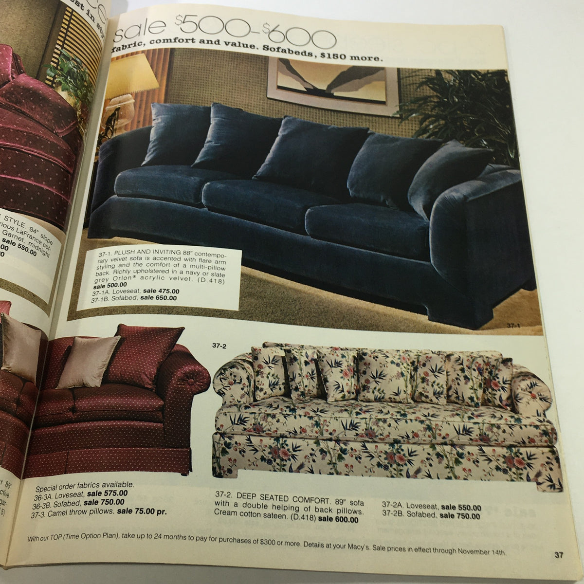 Interior page from VTG Macy's Catalog: November 1981 - Bedroom Price List Guide displaying a selection of sofas with detailed pricing, showcasing early 1980s furniture styles.