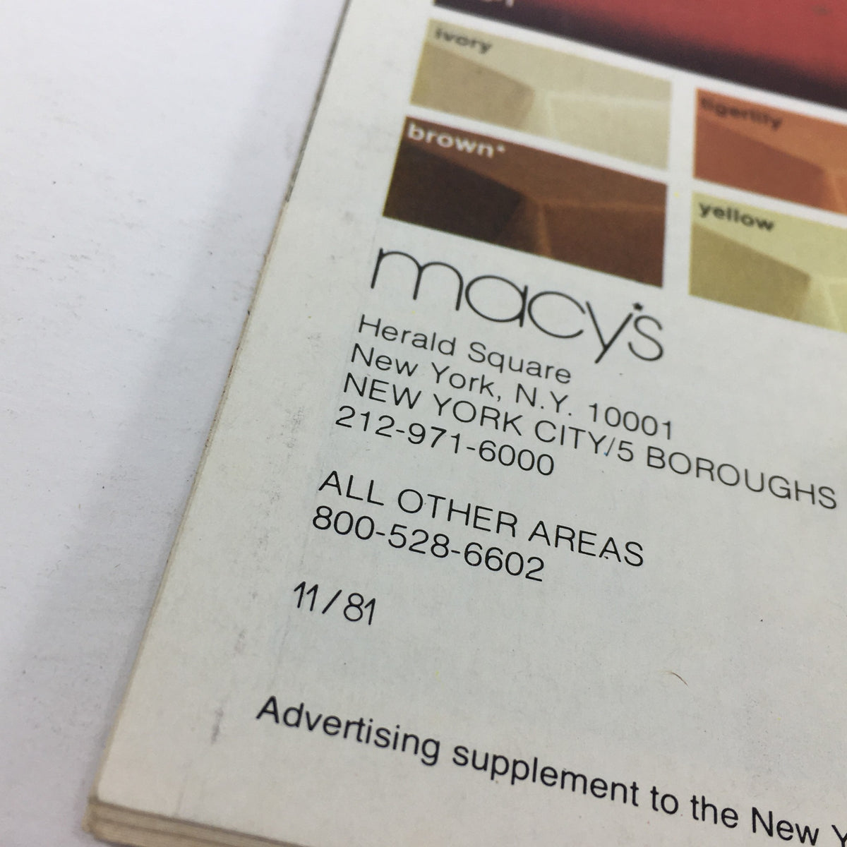 Close-up view of the back cover of the VTG Macy's Catalog: November 1981 - Bedroom Price List Guide, featuring contact details and address for Macy's Herald Square in New York City.