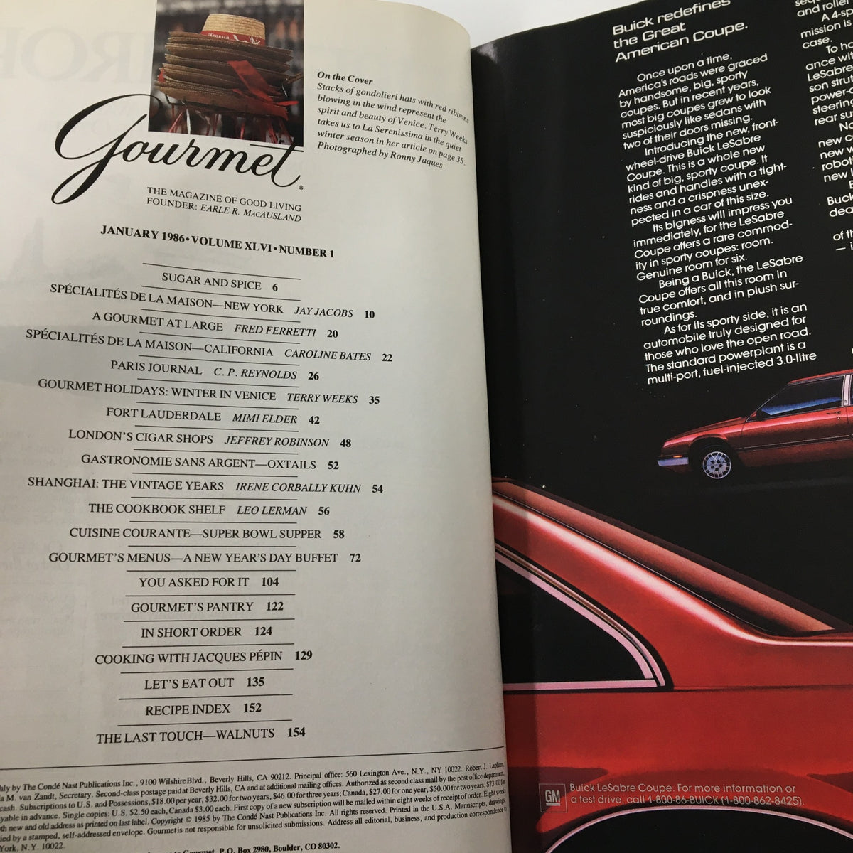 Inside page of Gourmet Magazine January 1986, displaying the table of contents and an advertisement for the Buick LeSabre Coupe, highlighting culinary articles.