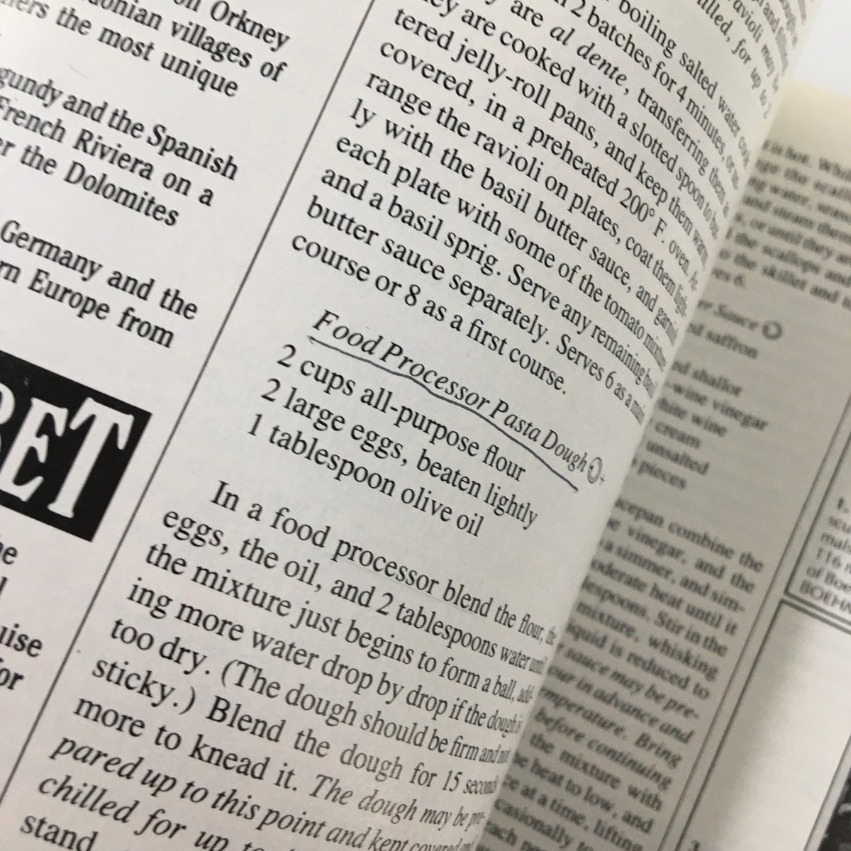Close-up of a recipe page from VTG Gourmet Magazine February 1986, detailing instructions for making pasta dough, highlighting the culinary expertise of the time.