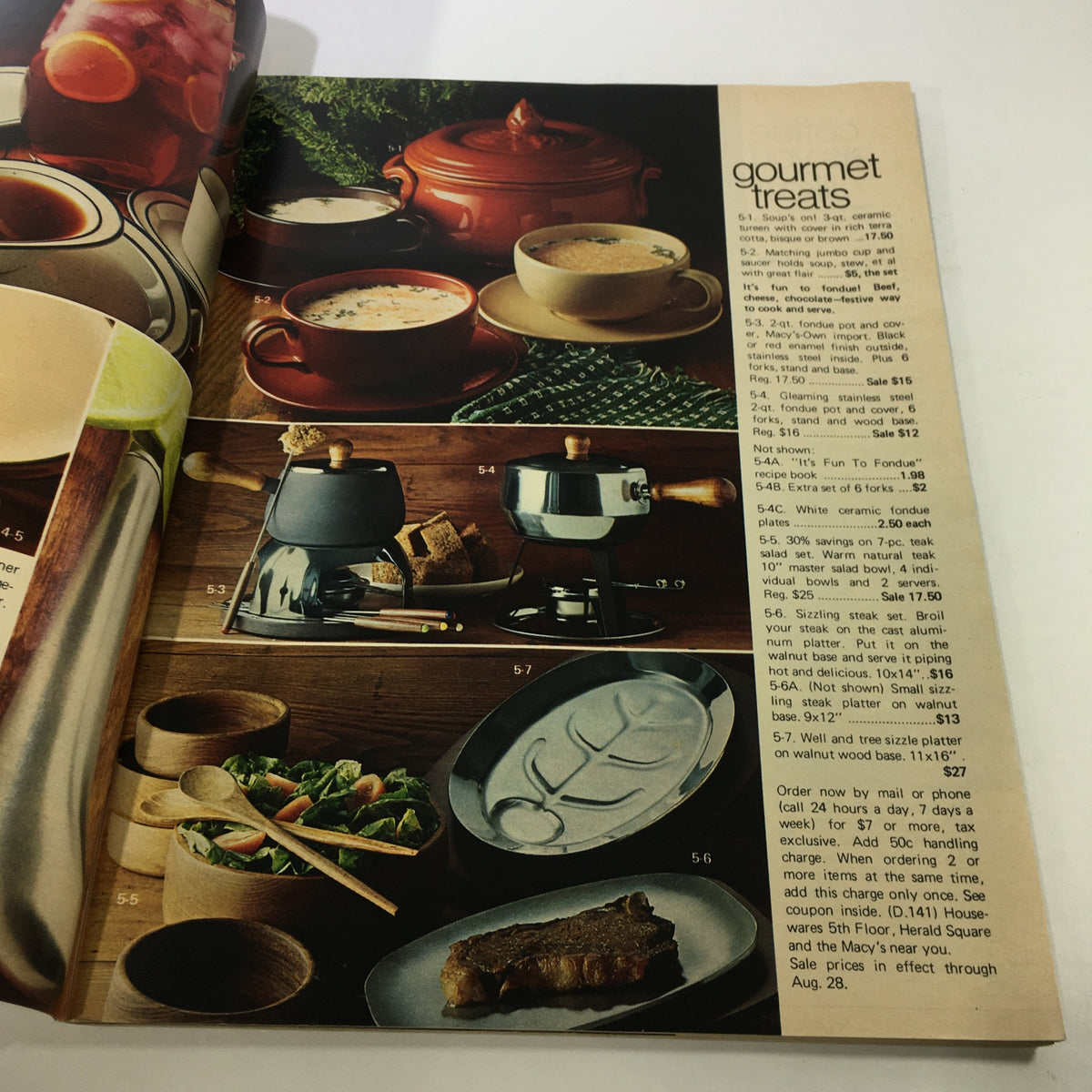 Interior page from VTG Macy's Magazine: August 1980 showcasing gourmet kitchen products including coffee cups, a fondue set, and serving dishes.